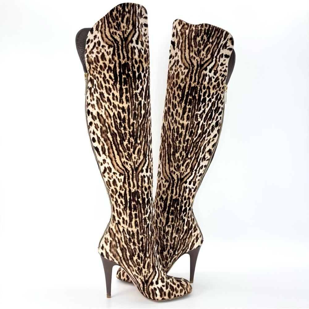 Valentino Rockstud Over the Knee Leopard Print Cowhair Stiletto Boots 40 - Picture 3 of 8